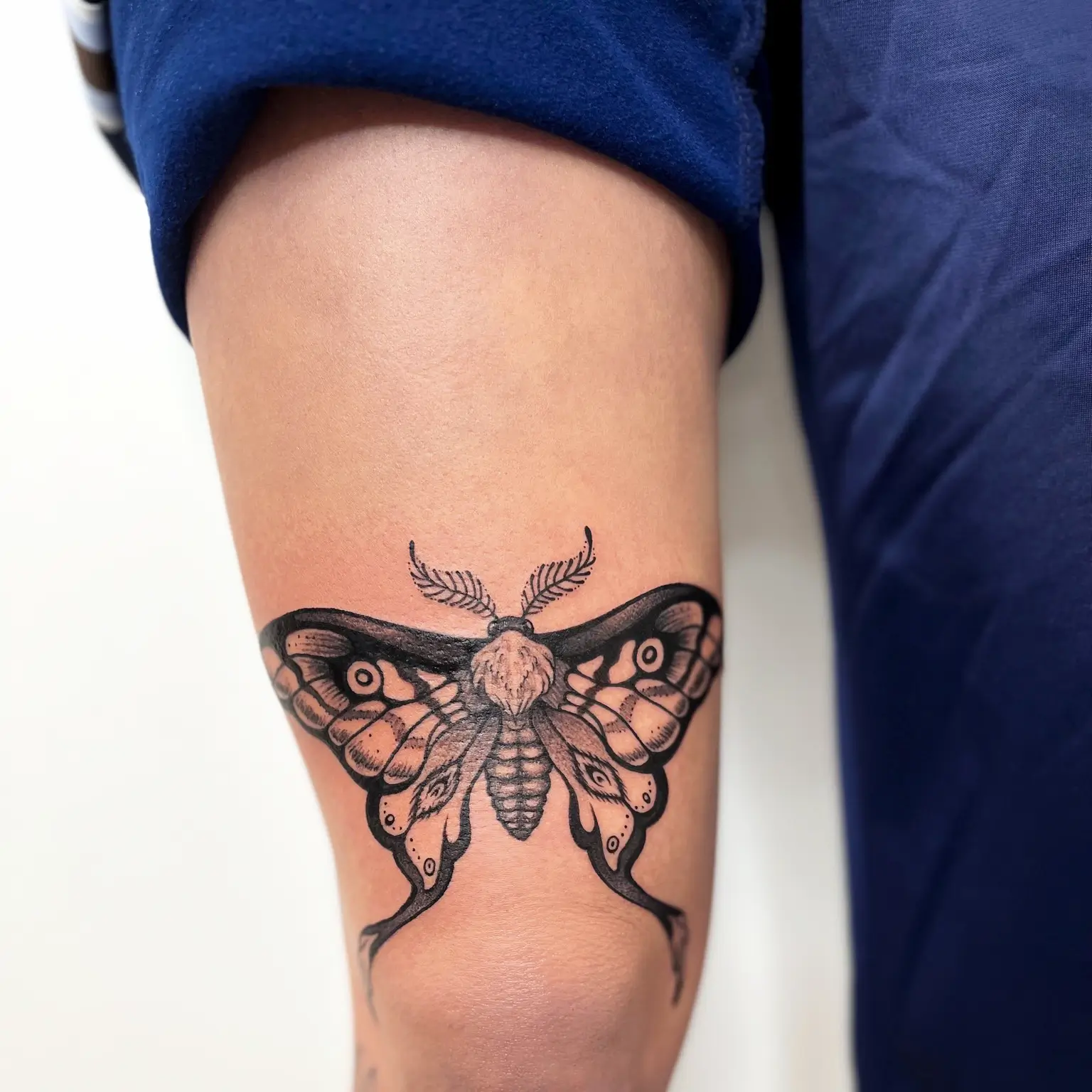 Thigh tattoo of a black moth